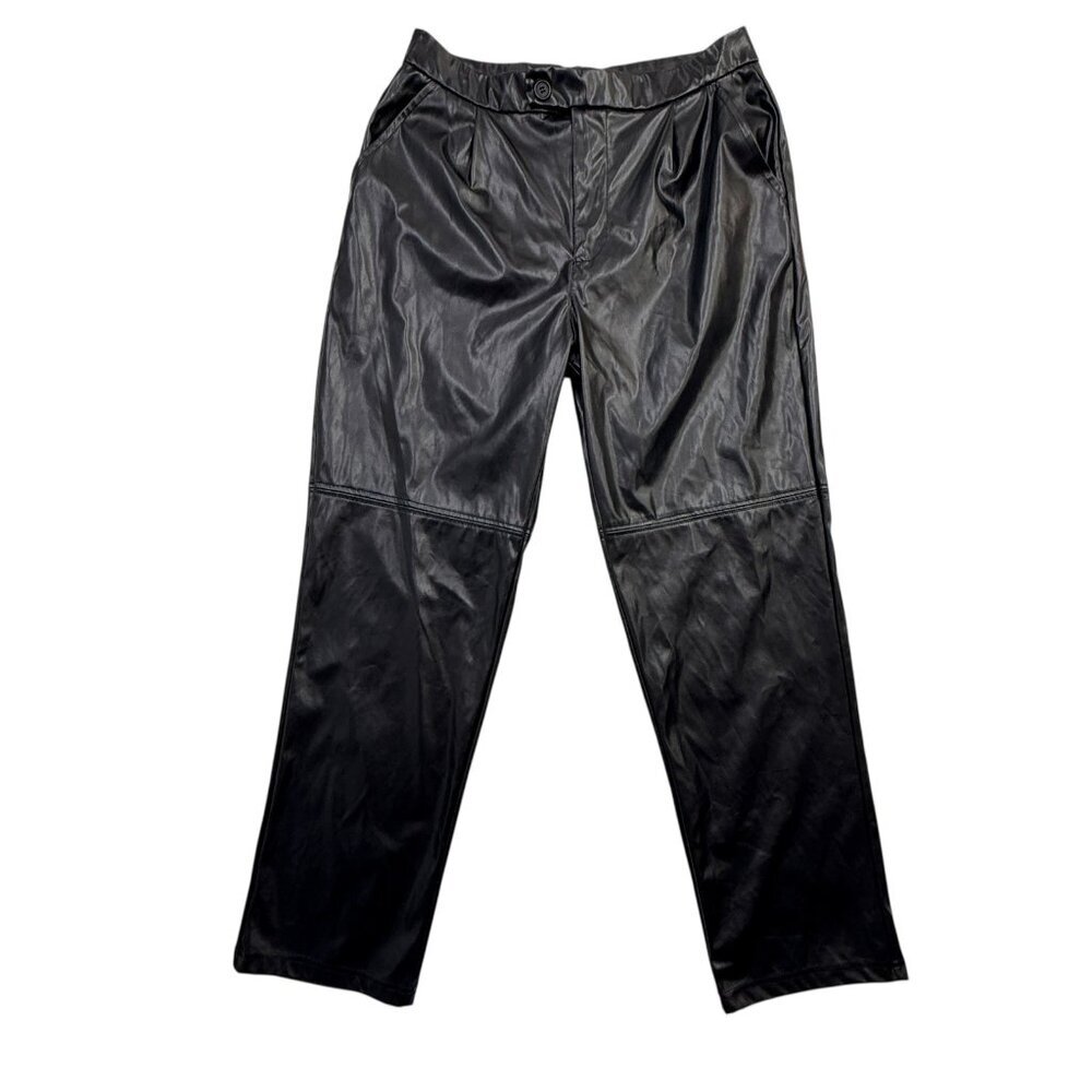 Halston Vegan Leather Pants Trousers Pockets‎ Y2K Streetwear Moto Black Womens S